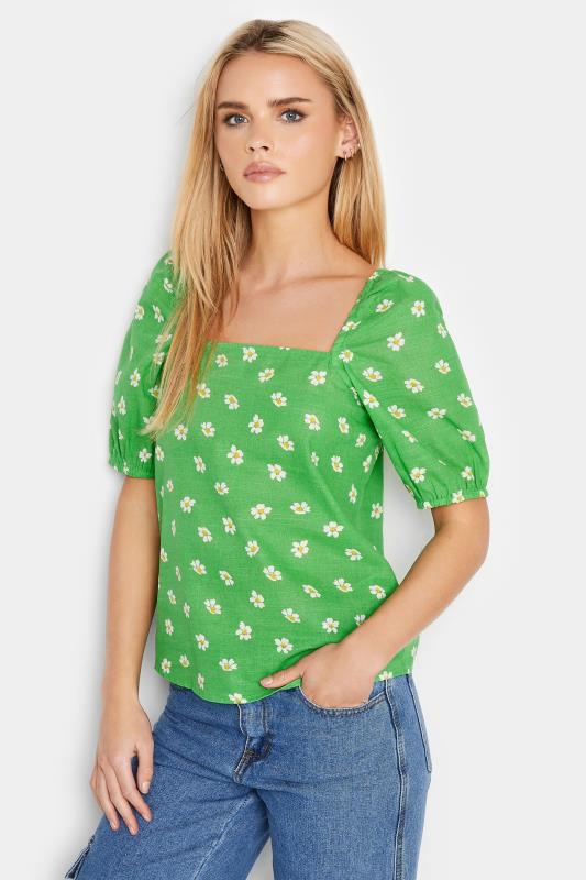 PixieGirl Petite Womens Green Daisy Print Square Neck Linen Top | PixieGirl 2