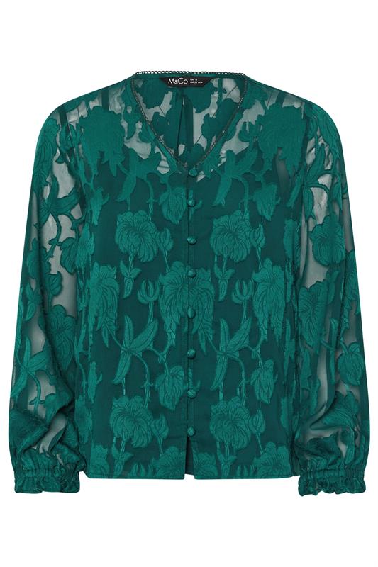 M&Co Petite Teal Green Floral Jacquard V-Neck Blouse | M&Co 7