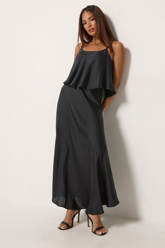 petite layered dresses PixieGirl Womens Black Satin Midi Dress lace-up open back with adjustable crisscross straps
