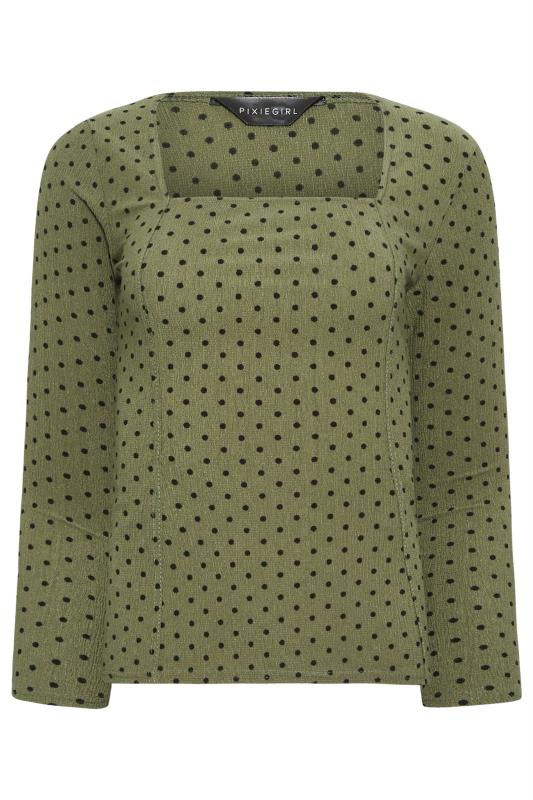 Petite Khaki Green Square Neck Spot Print Long Sleeve Top | PixieGirl 7