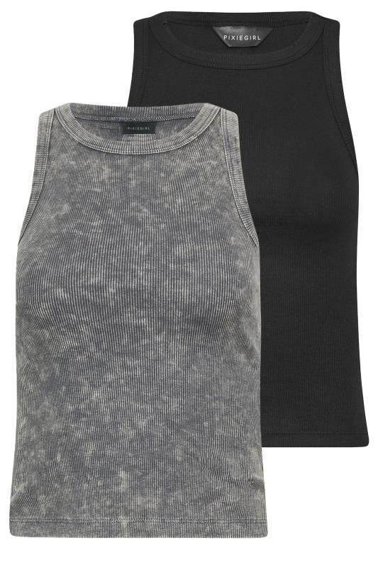 PixieGirl Petite Womens 2 PACK Grey Acid Wash & Black Plain Racer Neck Vest Tops | PixieGirl 7
