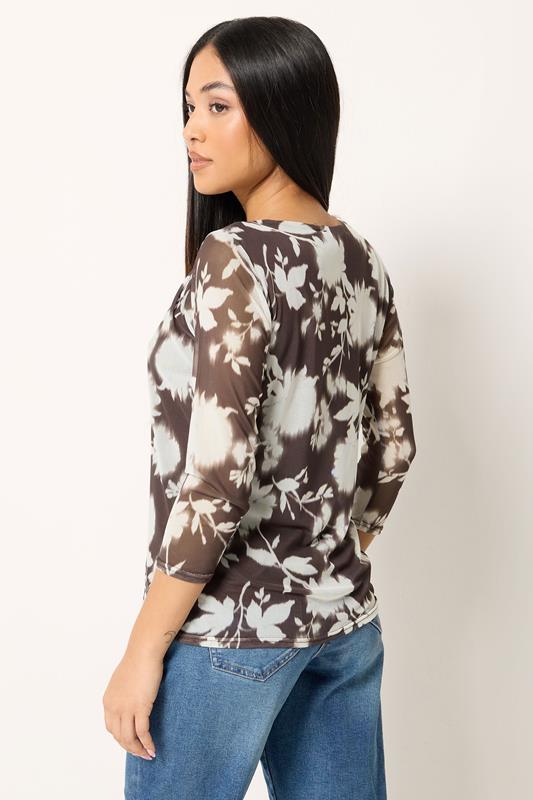 M&Co Petite Brown Floral Print Mesh Crew Neck Top | M&Co 2