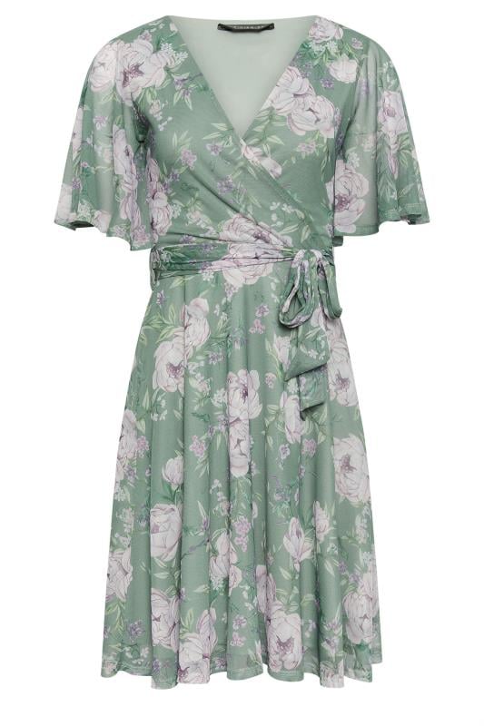 PixieGirl Petite Womens Sage Green Floral Print Mesh Wrap Dress | PixieGirl 5