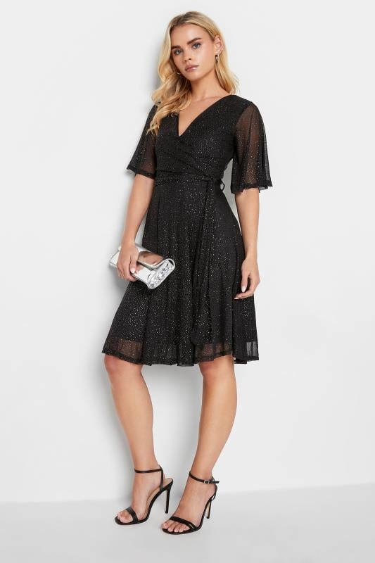 Petite Black Glitter Mesh Sleeve Wrap Mini Dress | PixieGirl  2