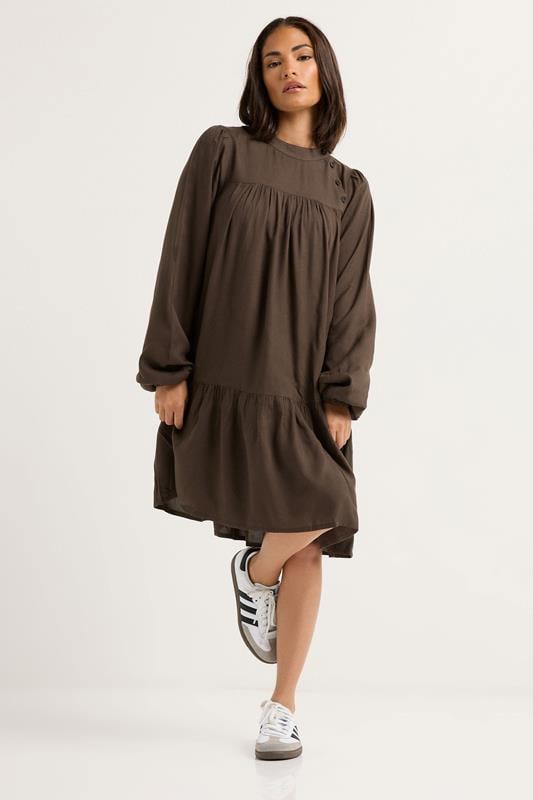 PixieGirl Petite Women's Chocolate Brown Button Smock Midi Dress | PixieGirl 2