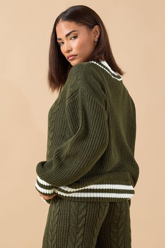 PixieGirl Petite Women's Khaki Green Contrast Cable Knit Cardigan | PixieGirl 3