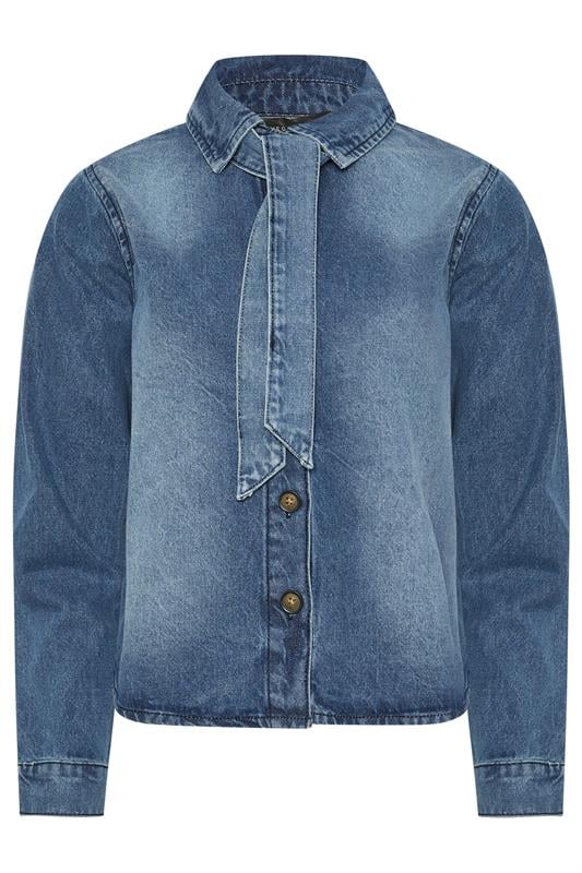 PixieGirl Petite Women's Blue Denim Tie Neck Shirt | PixieGirl 1
