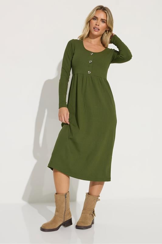 PixieGirl Petite Women's Khaki Green Ribbed Button Midaxi Dress | PixieGirl 2
