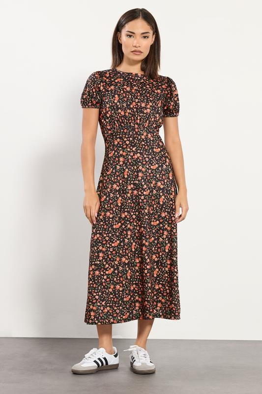 PixieGirl Petite Women's Orange Ditsy Floral Tea Dress | PixieGirl 1