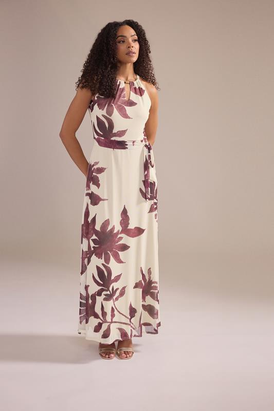M&Co Natural Brown Floral Print Halter Neck Mesh Maxi Dress