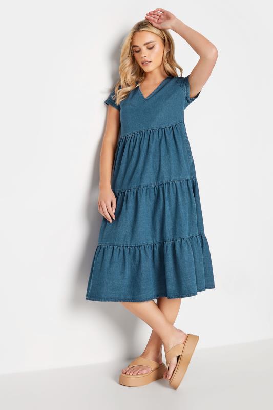 PixieGirl Petite Womens Blue Denim Tiered V-Neck Midi Dress | PixieGirl 2