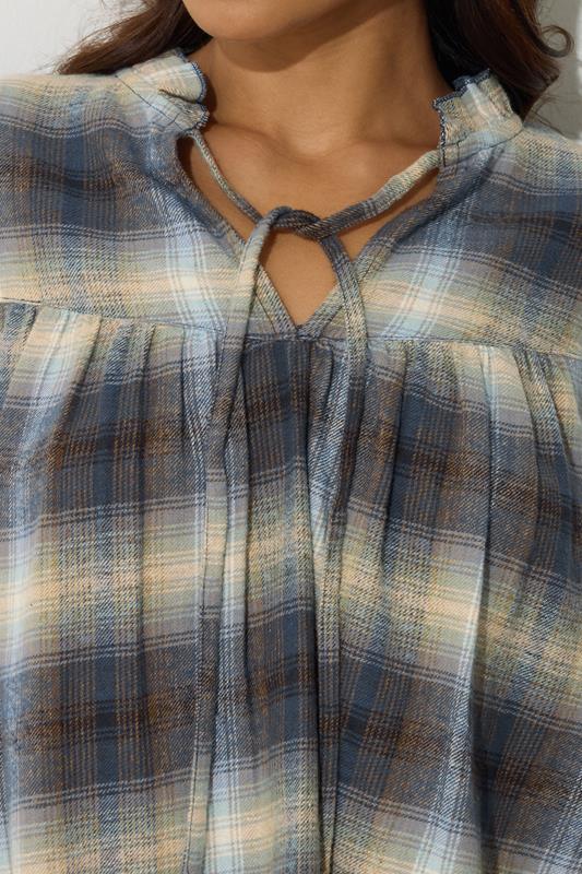 PixieGirl Petite Women's Blue Brushed Check Tie Front Smock Top | PixieGirl 4