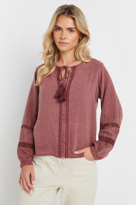  M&Co Petite Pink Long Sleeve Tie Neck Blouse