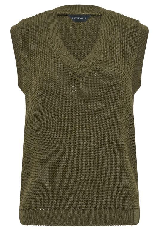Petite Khaki Green Chunky V-Neck Knitted Vest Top | PixieGirl 6