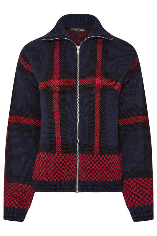 Petite  PixieGirl Petite Blue & Red Knitted Check Zip Cardigan