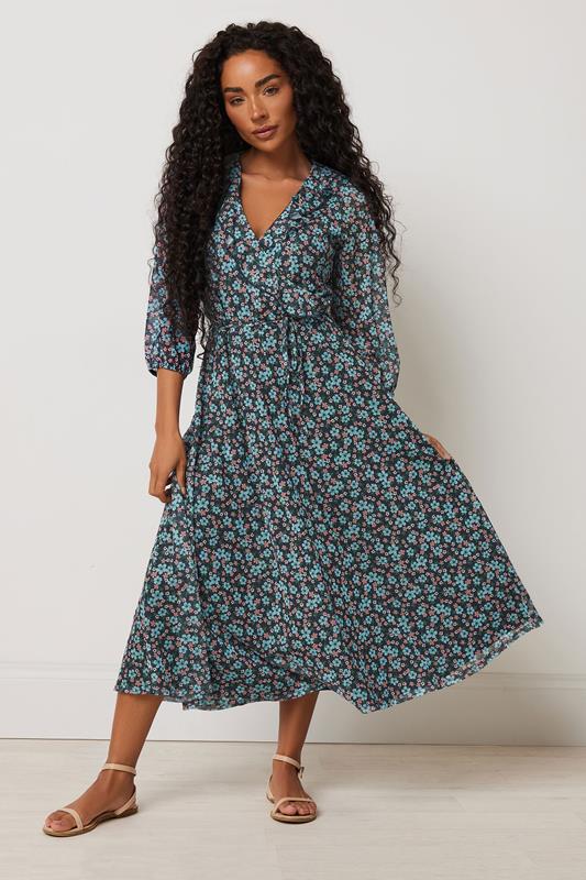  M&Co Petite Navy Blue Floral Ruffle Wrap Dress