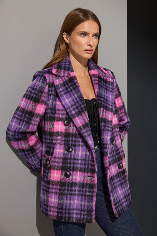 Women's  STAR Purple Checked Button Through Coat