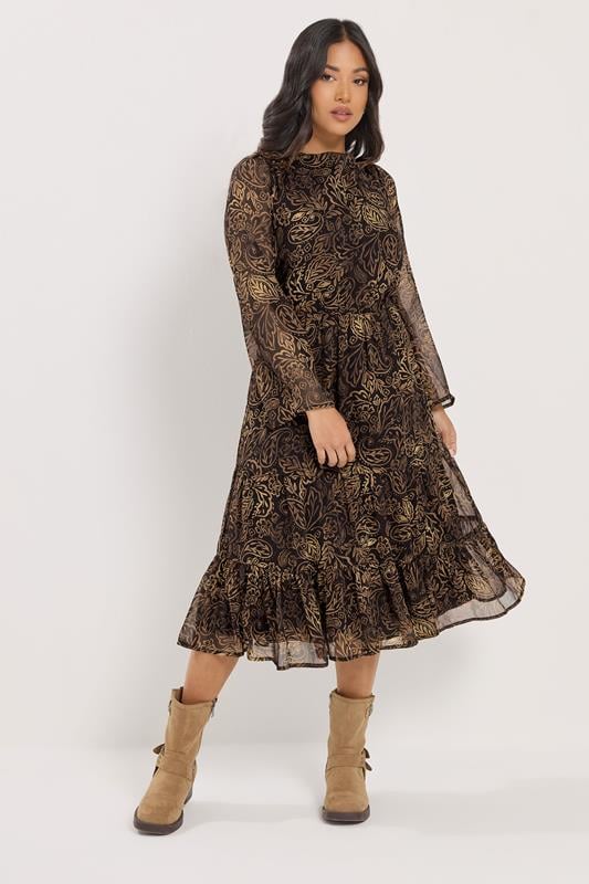 PixieGirl Petite Women's Black & Brown Leaf Midi Dress | PixieGirl 2