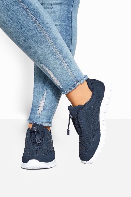 Navy Blue Embellished Trainers In Wide E Fit & Extra Wide EEE Fit | Yours Clothing 1