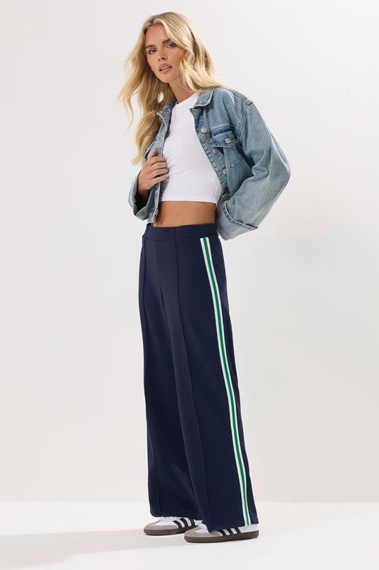 PixieGirl Petite Women's Navy Blue Side Stripe Trousers | PixieGirl 1