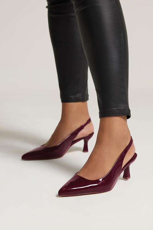 Plus Size  Yours Burgundy Red Patent Slingback Kitten Heels In Extra Wide EEE Fit