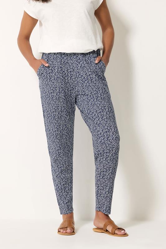  M&Co Navy Blue Ditsy Floral Cropped Hareem Trousers