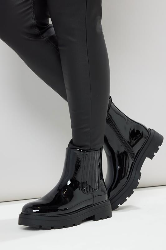 Plus Size  Yours Black Patent Chunky Chealsea Boots In Extra Wide EEE Fit
