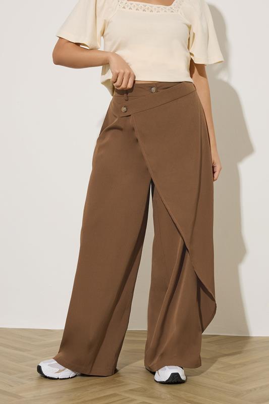 PixieGirl Petite Women's Camel Brown Wrap Wide Leg Trousers | PixieGirl 1