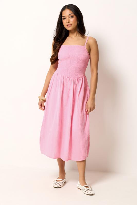 PixieGirl Petite Women's Pink Cotton Cheesecloth Midi Dress | PixieGirl 1