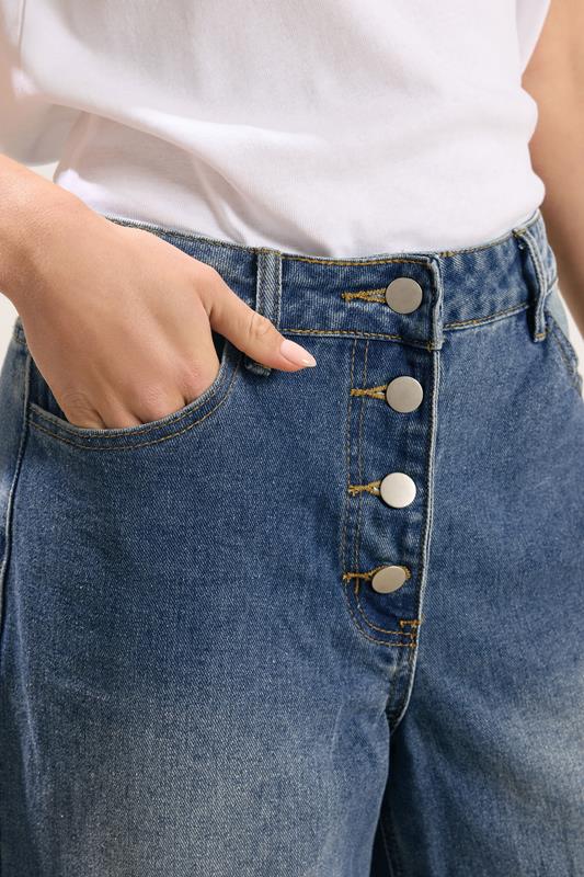 PixieGirl Petite Women's Mid Blue Button Front Wide Leg Jeans | PixieGirl 4