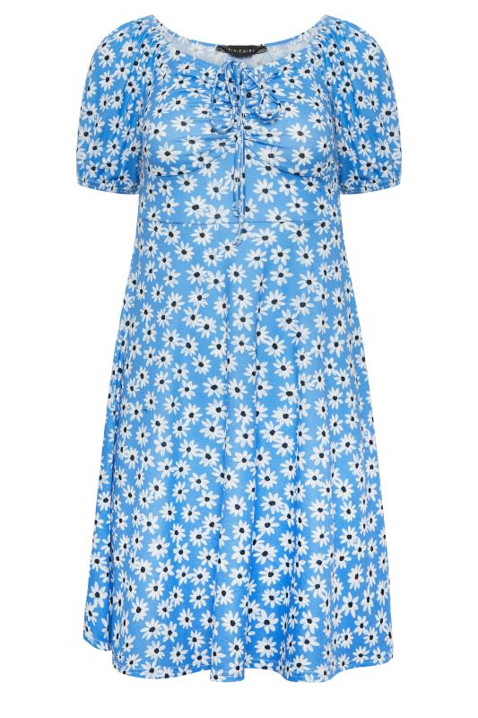 Petite Blue Daisy Print Ruched Front Dress | PixieGirl 6