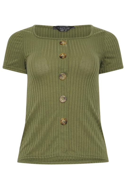 PixieGirl Khaki Green Ribbed Button T-Shirt | PixieGirl  5
