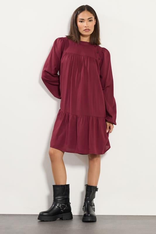 PixieGirl Petite Women's Dark Red Button Smock Midi Dress | PixieGirl 2