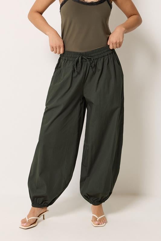 PixieGirl Petite Women's Olive Green Cotton Cuffed Balloon Trousers | PixieGirl 1