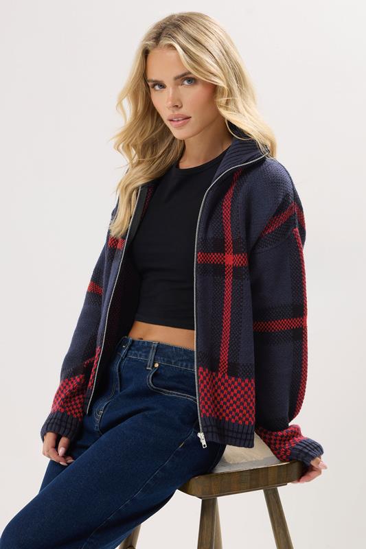 Petite  PixieGirl Petite Blue & Red Knitted Check Zip Cardigan