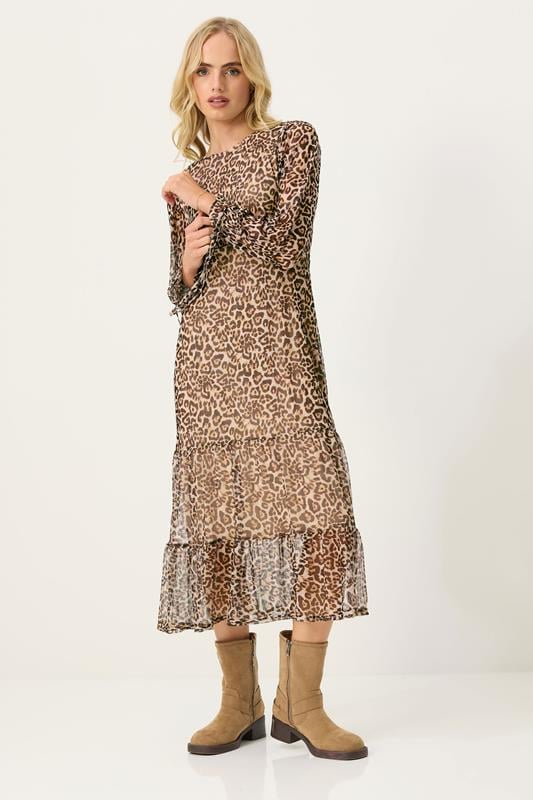 Petite  PixieGirl Petite Beige Brown Leopard Print Mesh Tiered Dress
