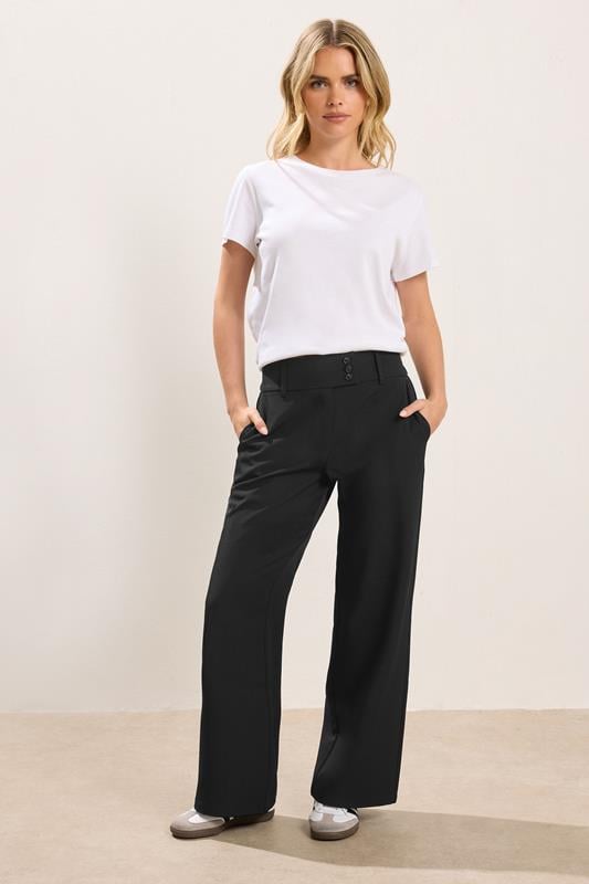 Petite  PixieGirl Petite Black Button Tab Detail Wide Leg Trousers