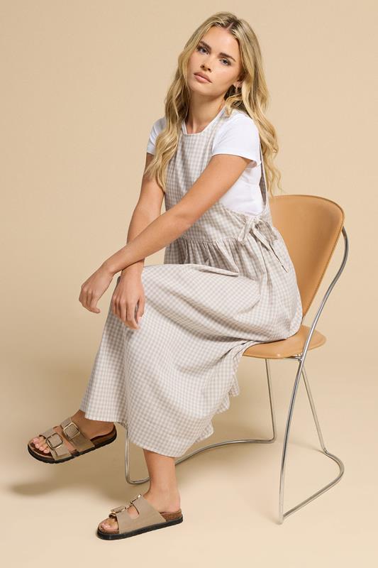 PixieGirl Petite Women's Natural Brown Gingham Tie Side Pinafore Dress | PixieGirl 2