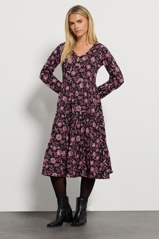 M&Co Petite Black Floral Tiered Midi Dress | M&Co 1