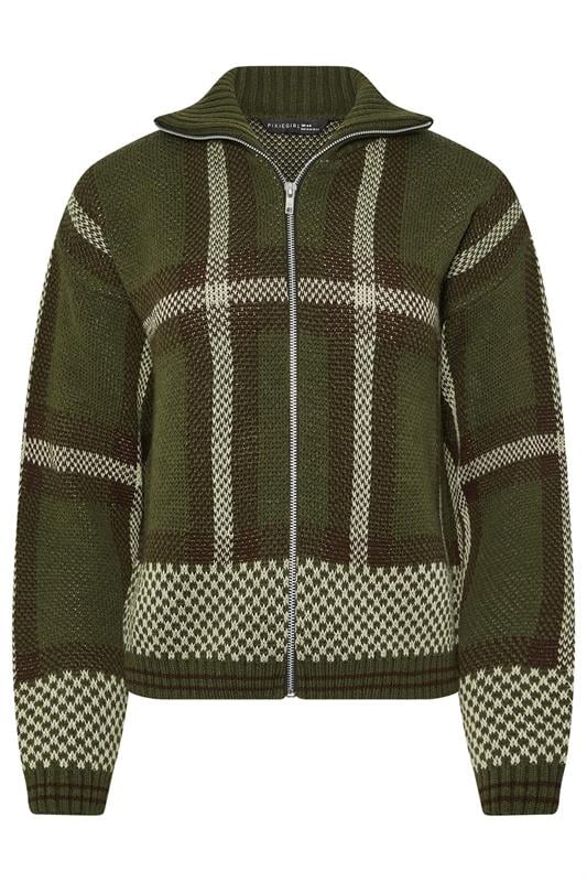 Petite  PixieGirl Petite Green Knitted Check Zip Cardigan