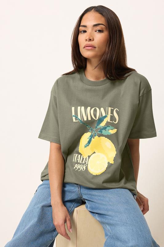  PixieGirl Petite Sage Green Lemon Graphic Cotton Oversized T-Shirt