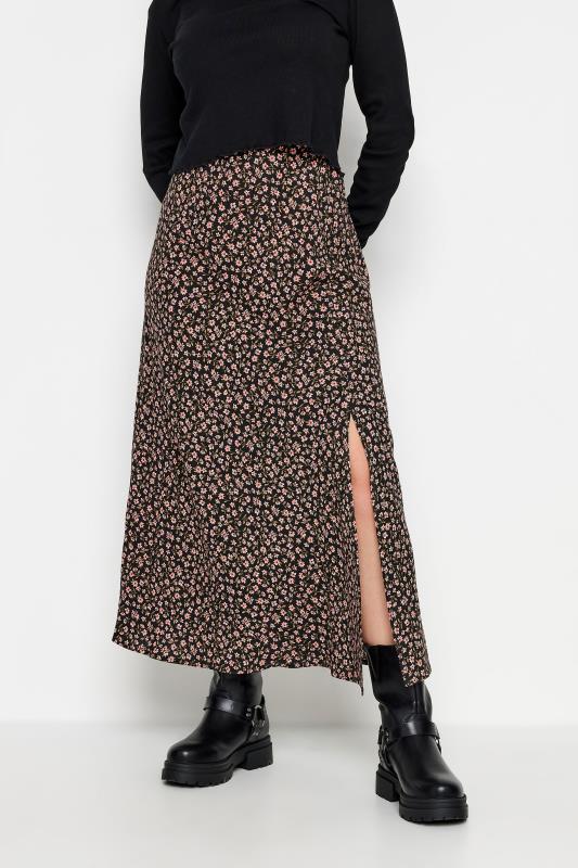 PixieGirl Petite Womens Black & Pink Floral Print Midaxi Skirt | PixieGirl