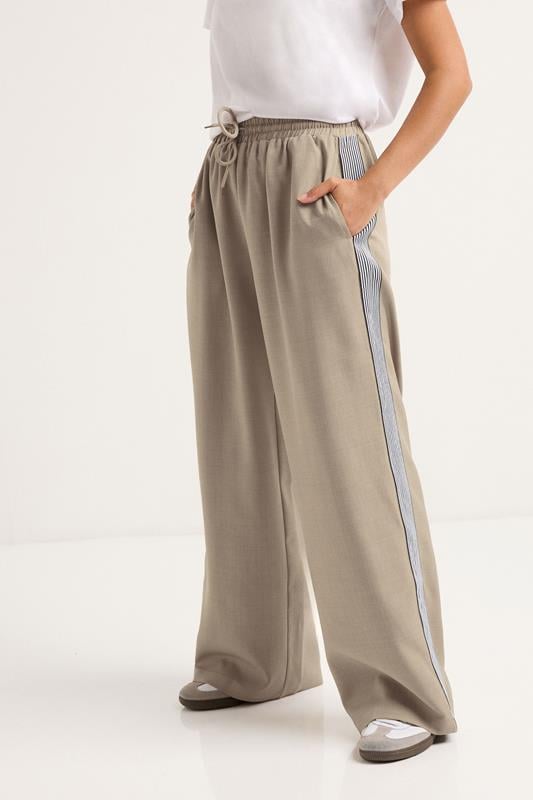 PixieGirl Petite Women's Beige Brown Side Stripe Wide Leg Trouser | PixieGirl 1
