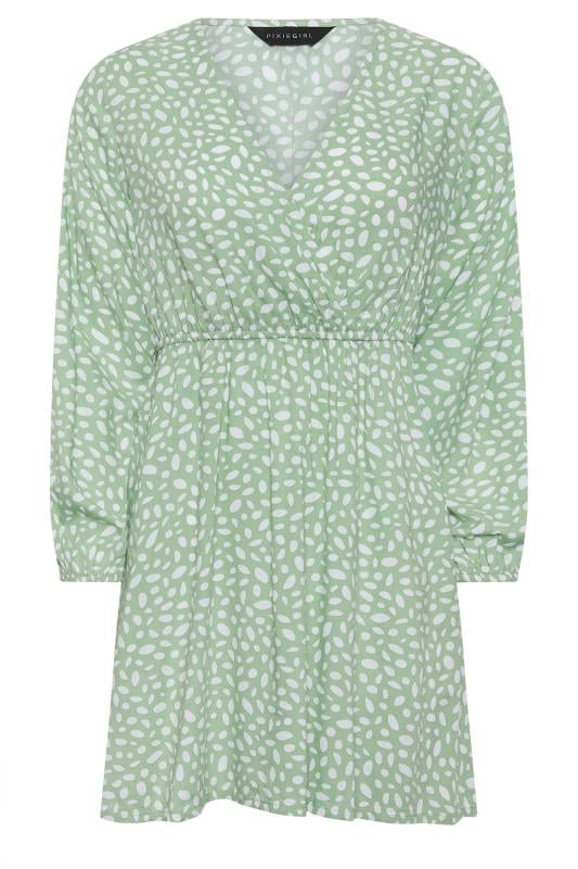 PixieGirl Petite Women's Sage Green Abstract Spot Print Mini Wrap Dress | PixieGirl 5