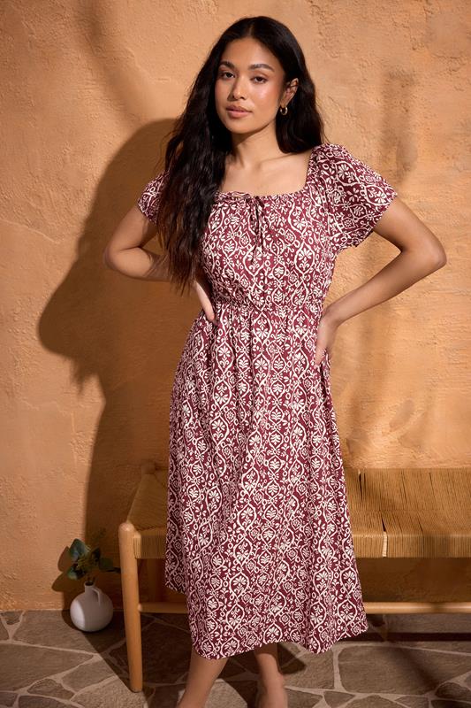  M&Co Petite Red Abstract Tie Neck Midi Dress