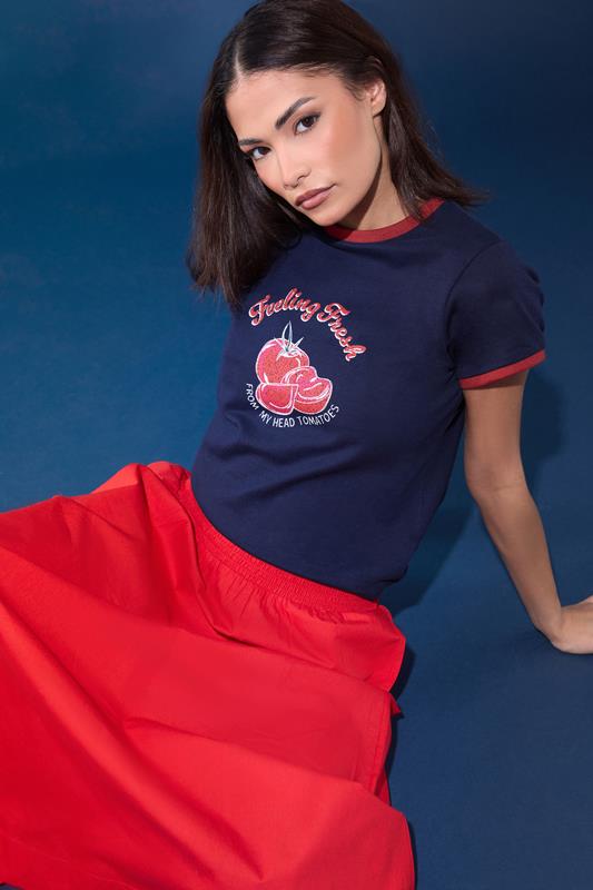  PixieGirl Petite Navy Blue Tomato Graphic Cotton T-Shirt