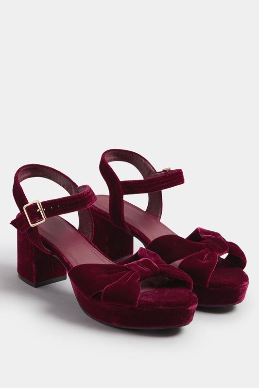 Plus Size  Yours Burgundy Red Velvet Bow Strap Platform Heels In Extra Wide Fit