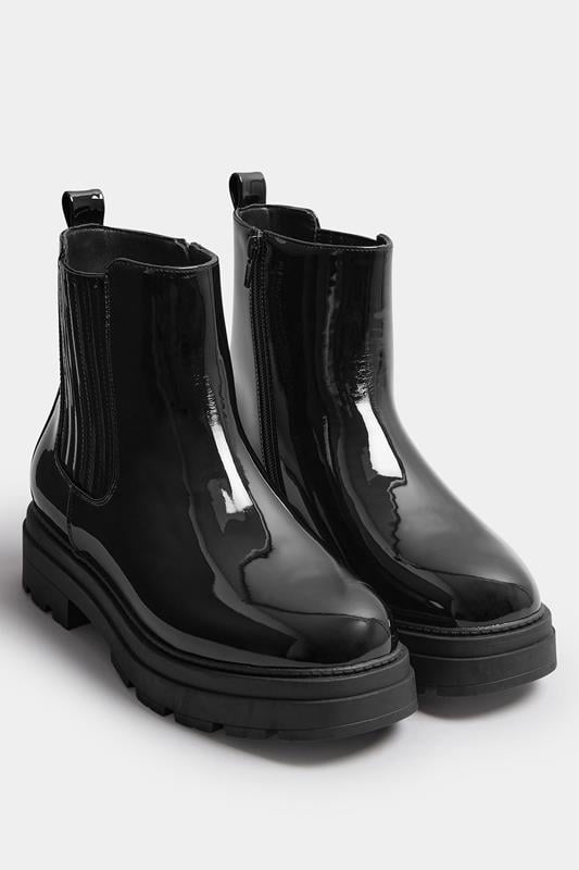 Plus Size  Yours Black Patent Chunky Chealsea Boots In Extra Wide EEE Fit
