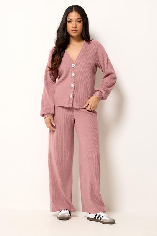  PixieGirl Petite Pink Marl Ribbed Soft Touch Wide Leg Trousers