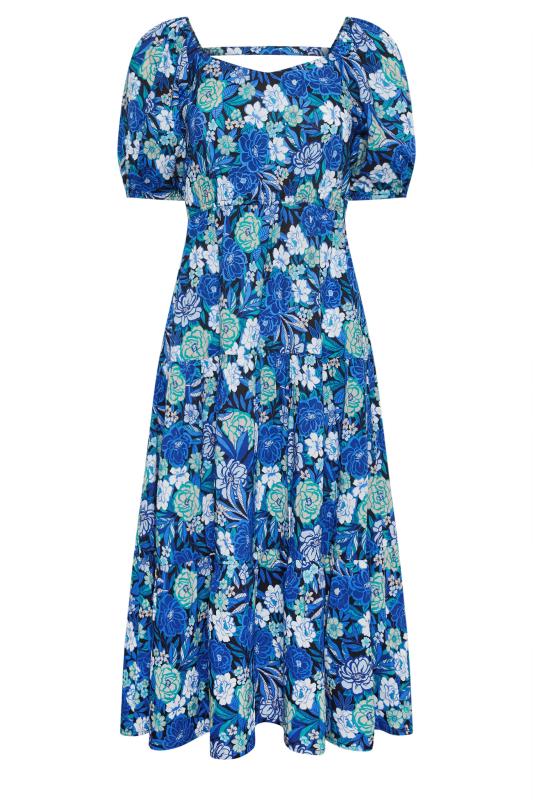 PixieGirl Petite Womens Blue Floral Print Puff Sleeve Midi Dress | PixieGirl 5